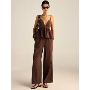 NWT Commense Dark Brown Cotton Peplum Beaded Straps Top and Pants set Sz M